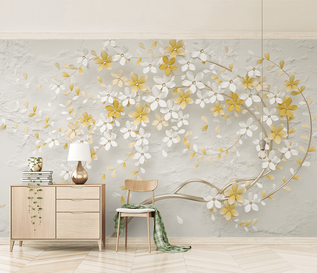 3D Tree White & Yellow Flowers Wallpaper Murals-ChandeliersDecor.com