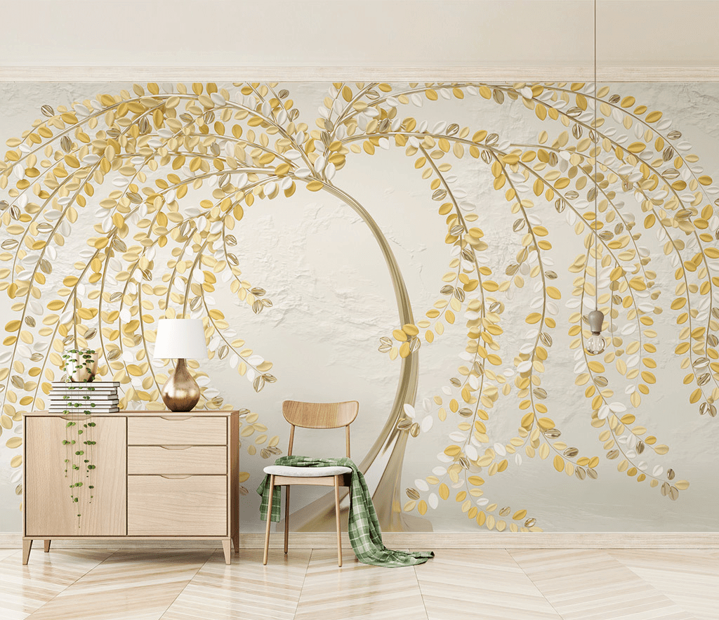 3D Tree with Yellow Wallpaper Murals: Vibrant Wall Décor-ChandeliersDecor.com