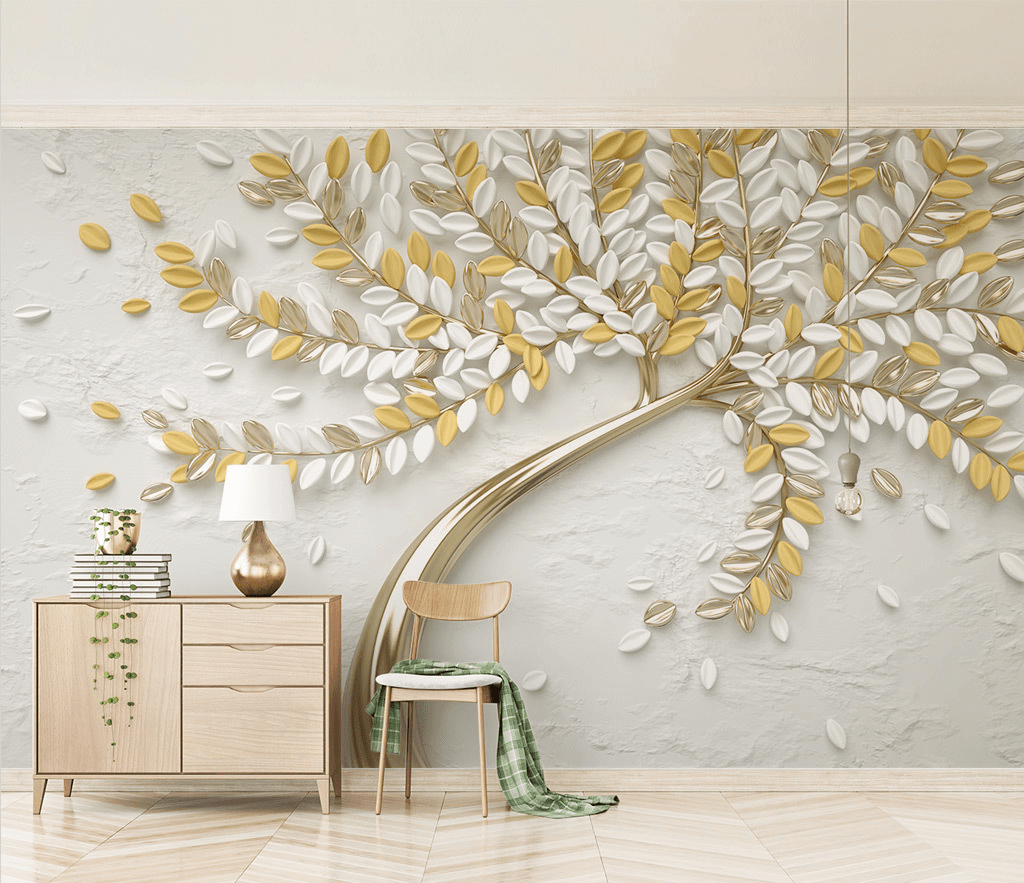 3D Tree Yellow Large Flowers Wallpaper Murals-ChandeliersDecor.com