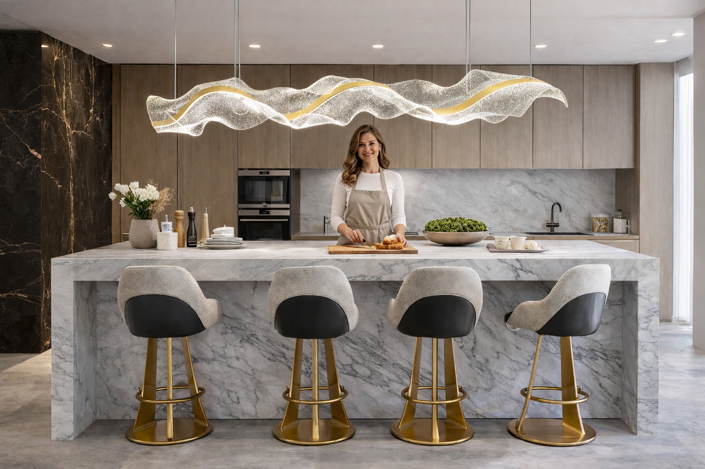 Modern kitchen island with wave chandelier, marble counter, designer bar stools, and luxury kitchen lighting setup