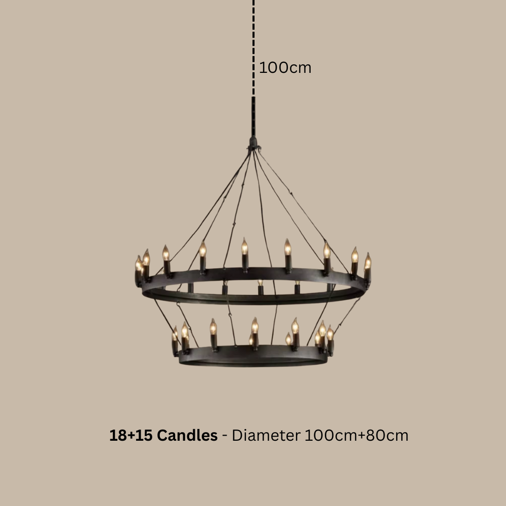 Black chandelier with 35 candles on a beige background