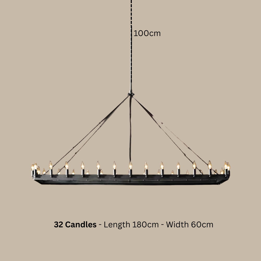 Chandelier with 32 candles on a beige background, showing dimensions.