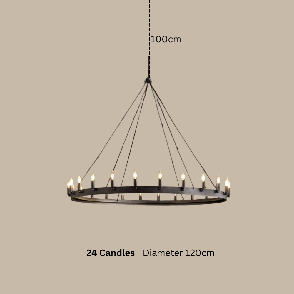 Chandelier with 24 candles and dimensions on a plain background