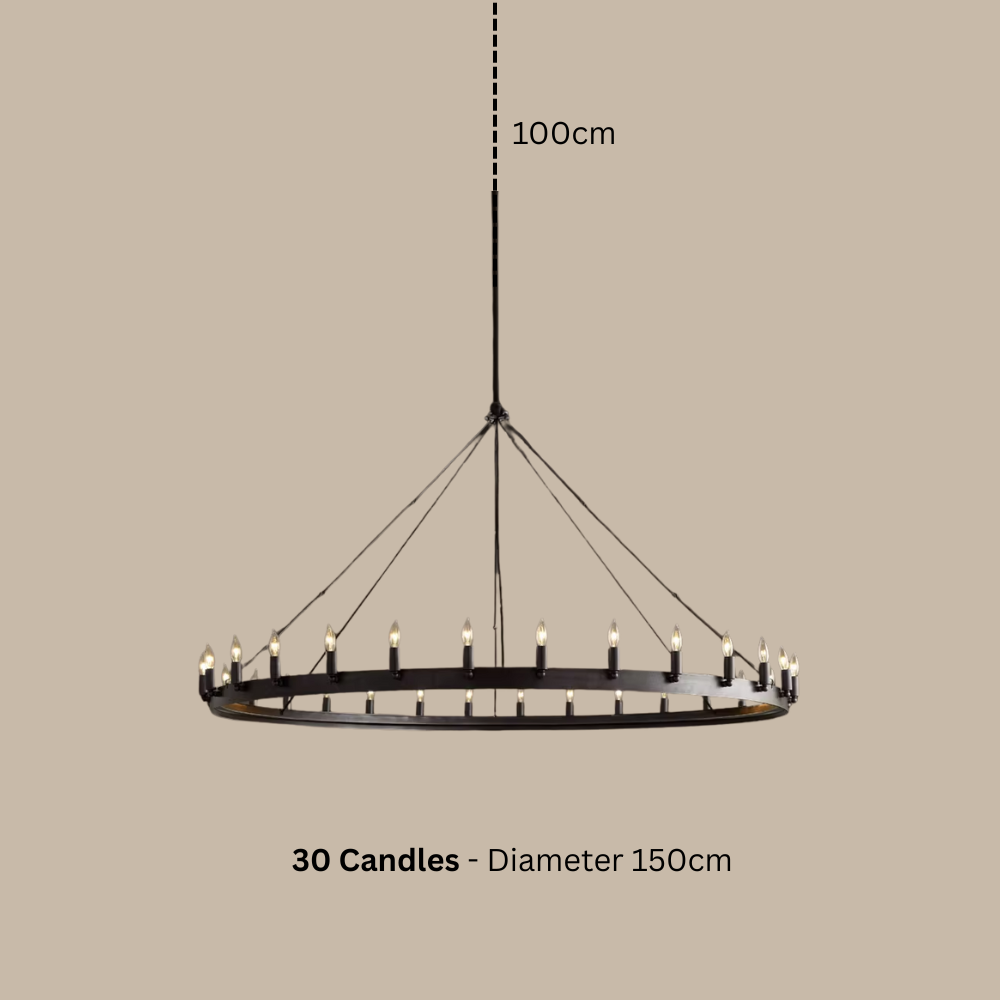Chandelier with 30 candles on a beige background, showing dimensions.