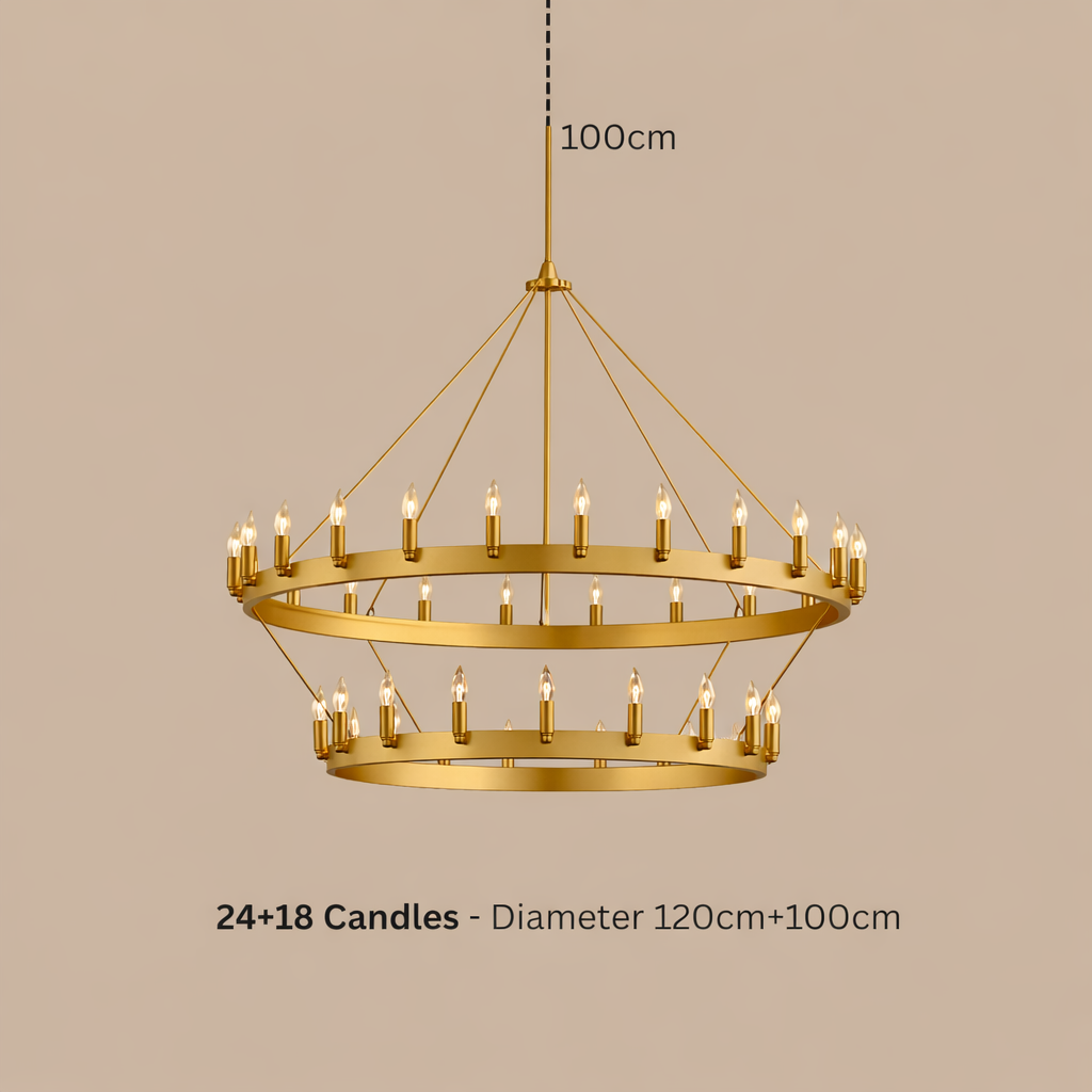 Gold chandelier with 24+18 candles on a beige background