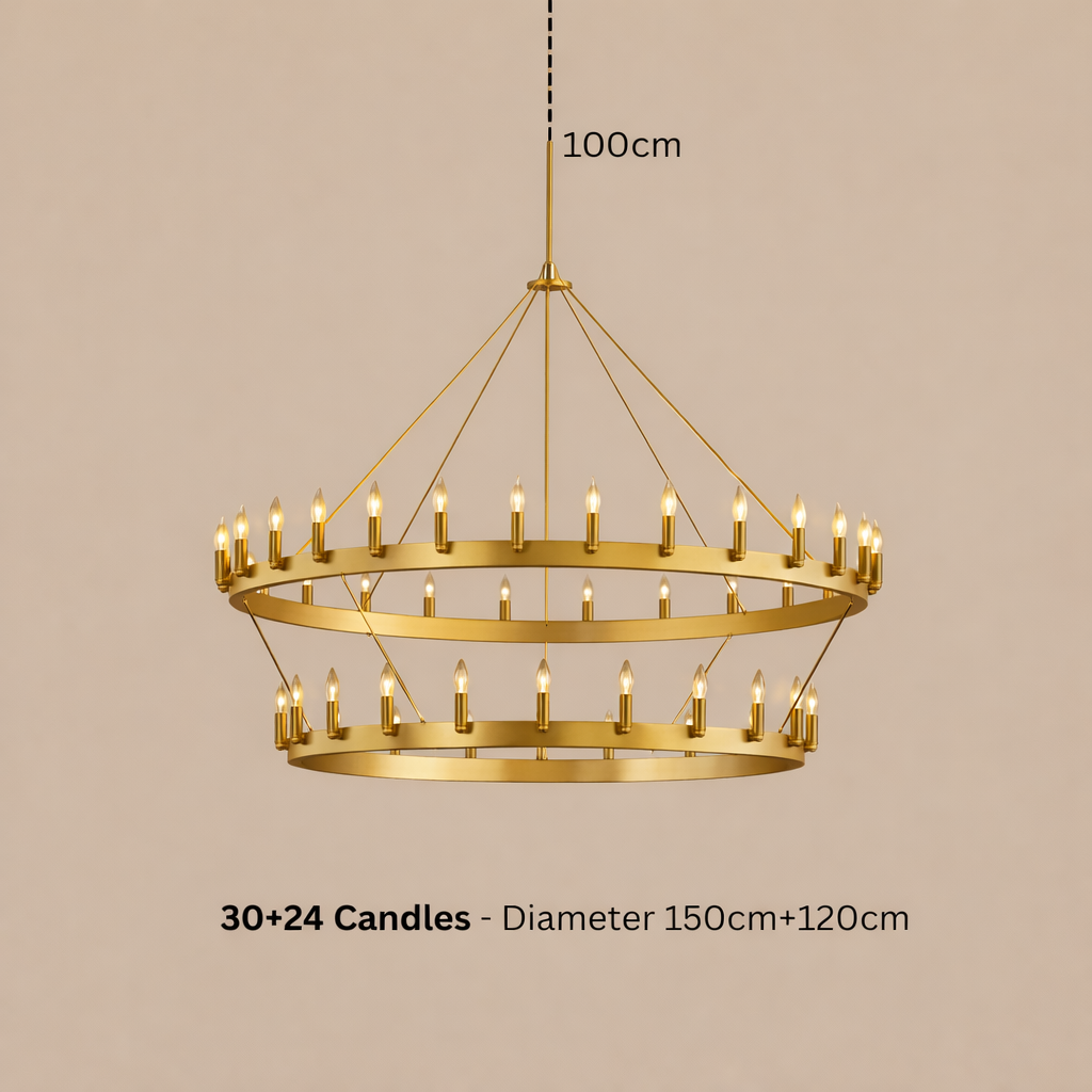 Gold chandelier with candles on a beige background