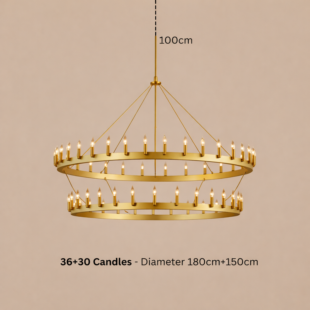 Gold chandelier with 36+30 candles on a beige background
