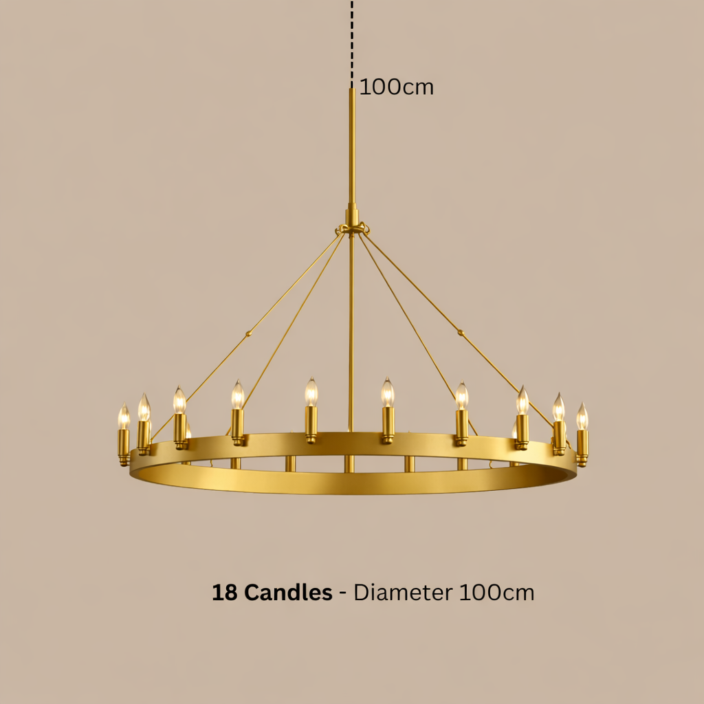 Gold chandelier with 18 candles on a beige background