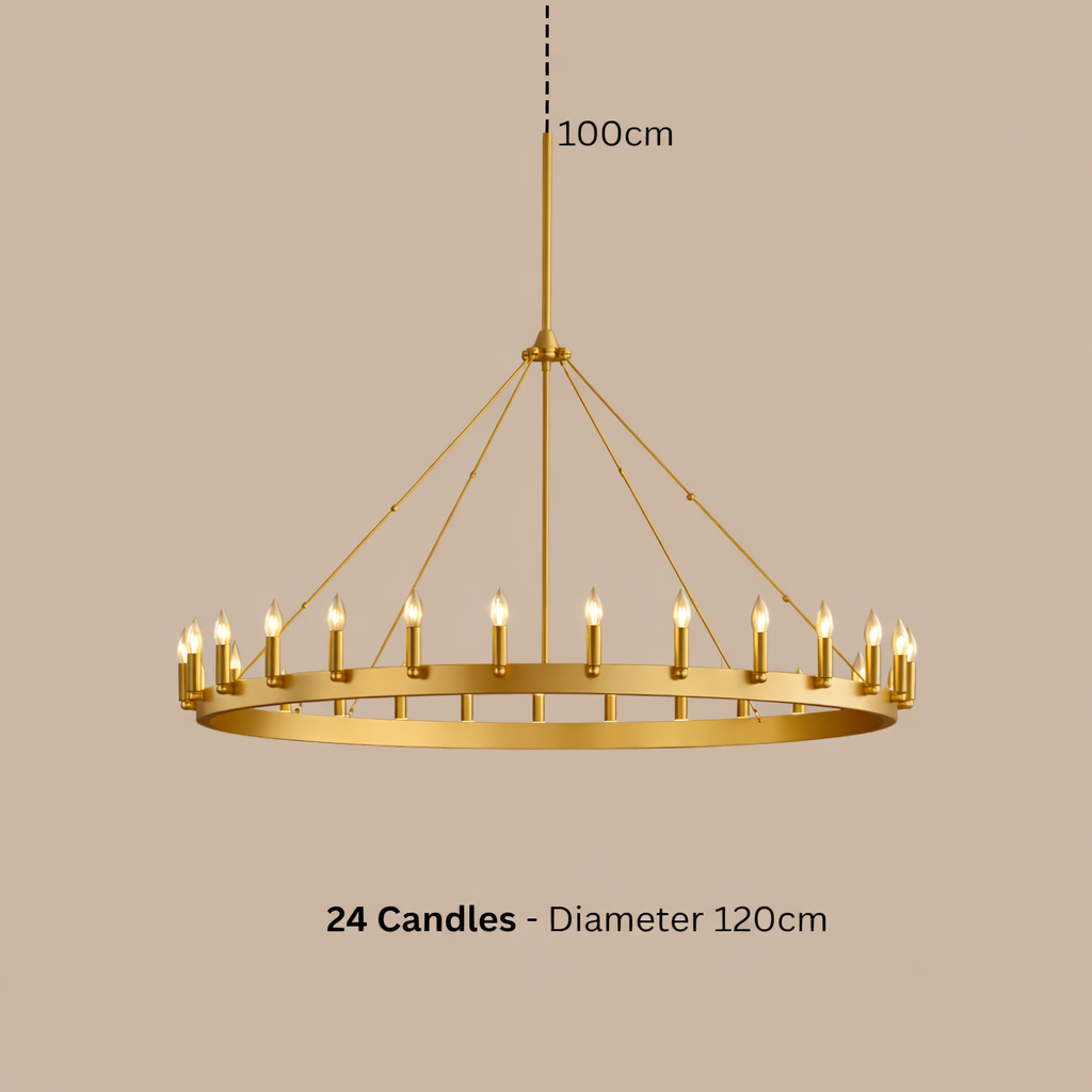 Gold chandelier with 24 candles on a beige background