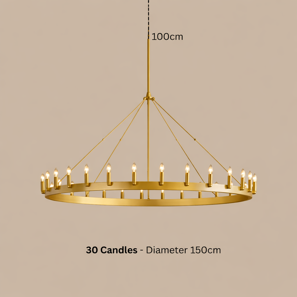 Gold chandelier with 30 candles on a beige background