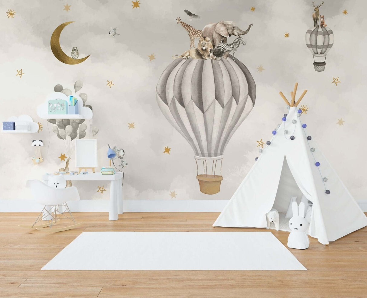 Air Balloon Safari Nursery Wallpaper Mural - Flying Safari-ChandeliersDecor.com