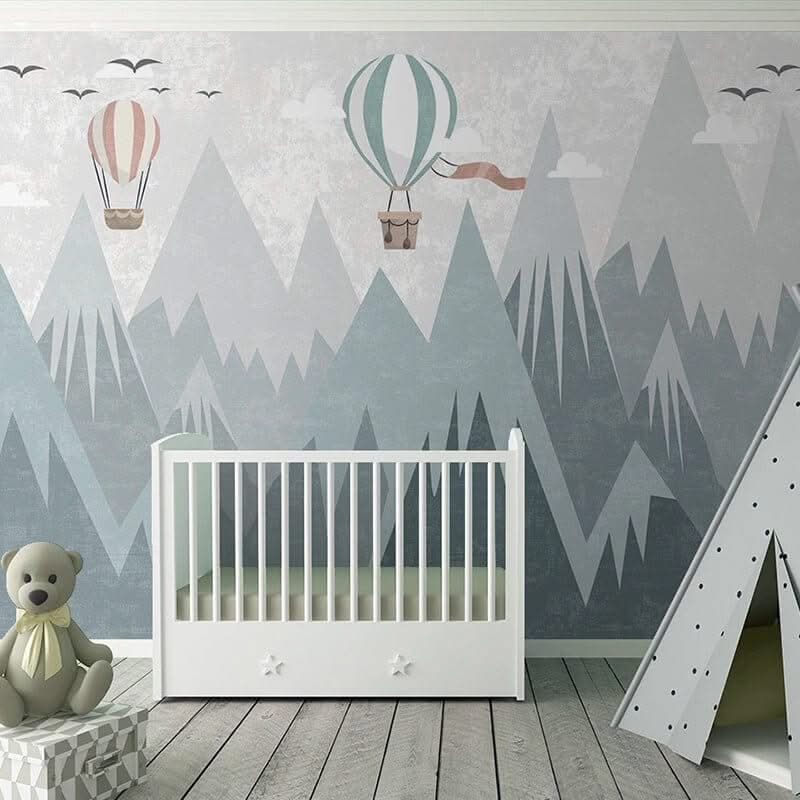 Air Balloons Flying over Mountain Peaks Nursery Wallpaper-ChandeliersDecor.com