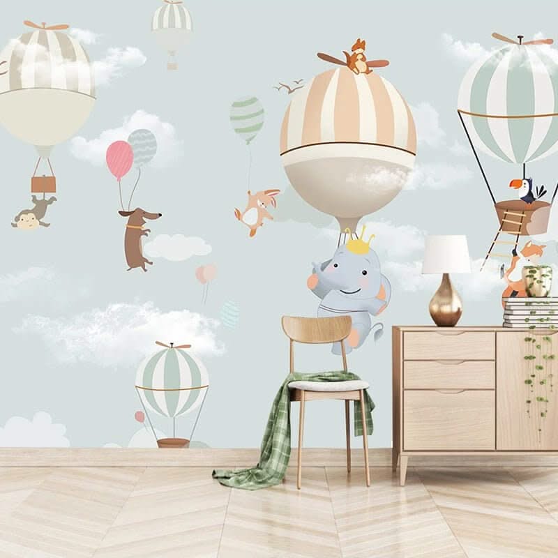 Animals Flying on Air Balloons Nursery Wallpaper-ChandeliersDecor.com