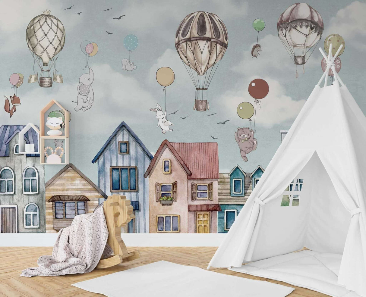 Animals on BalloonAnimals on Balloon - Kids Room Wallpaper Mural-ChandeliersDecor.com