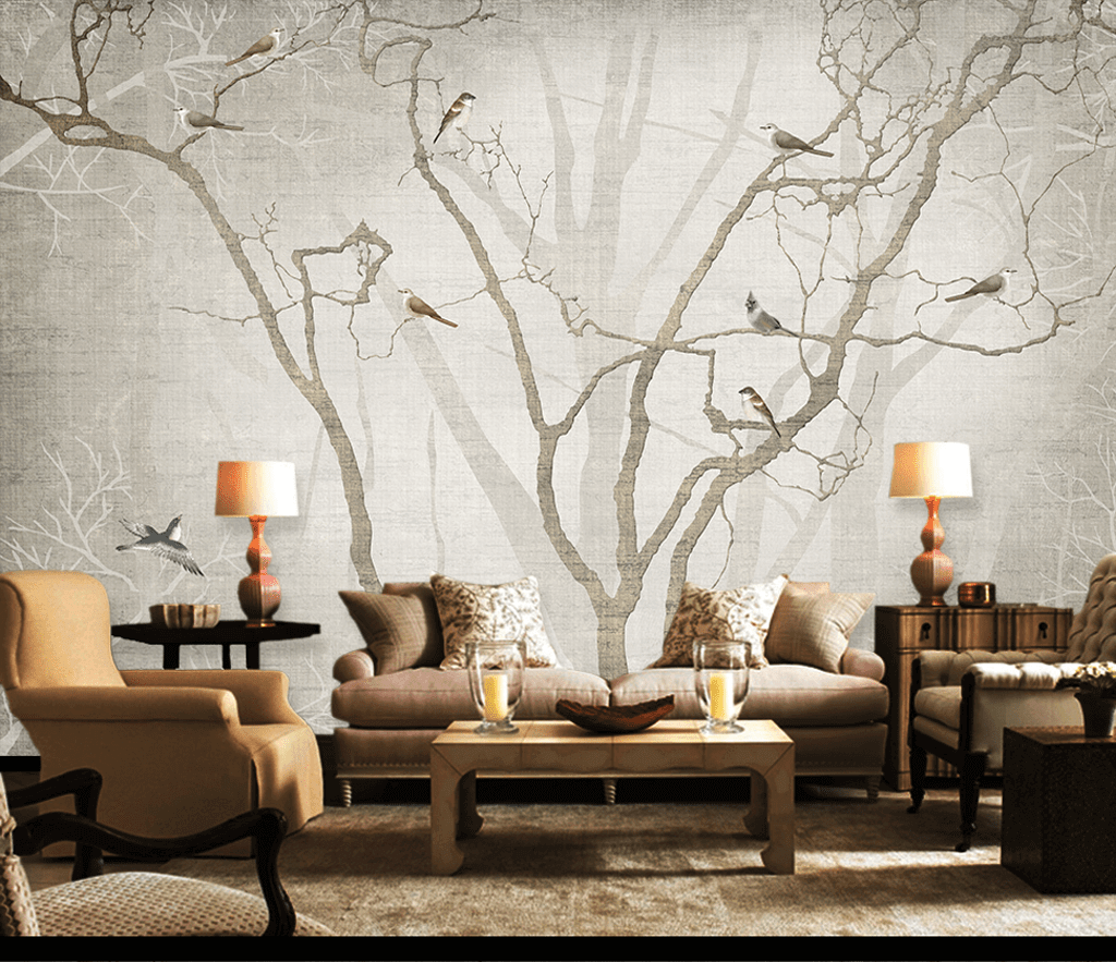 Birds on Tree Trunks Wallpaper Mural - Enhance Your Space-ChandeliersDecor.com