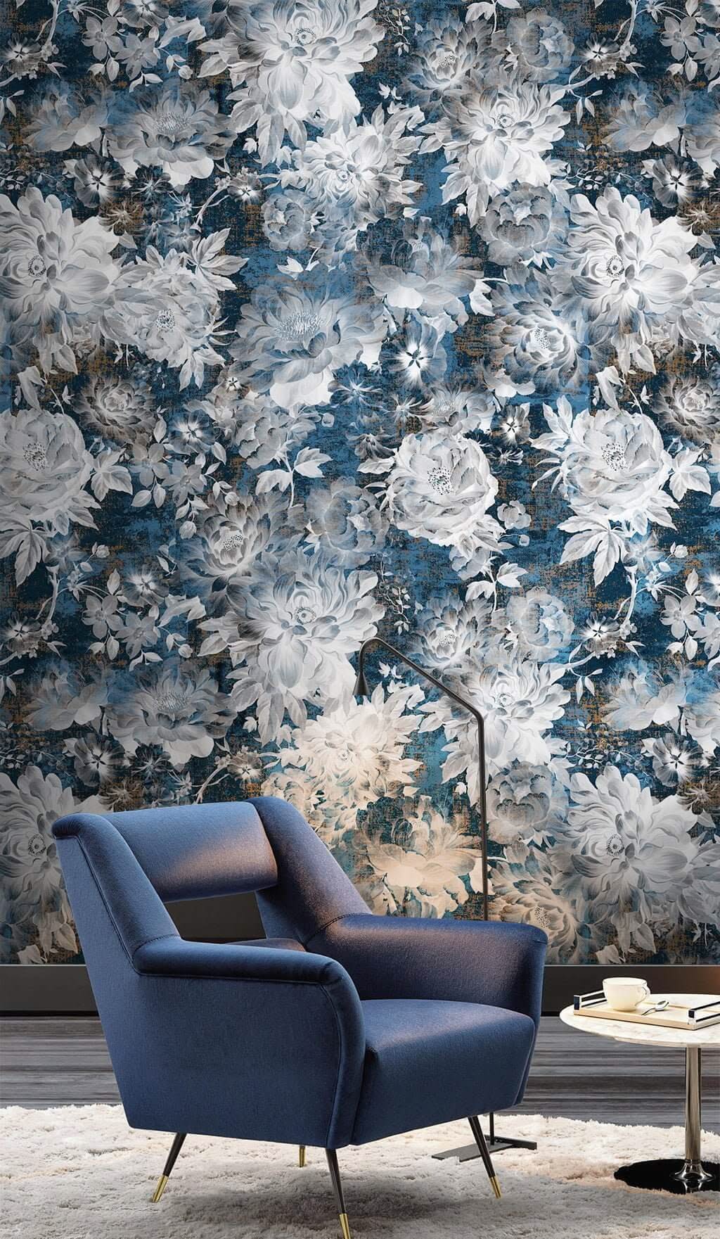 Blue Rose Floral Wallpaper Mural-ChandeliersDecor.com