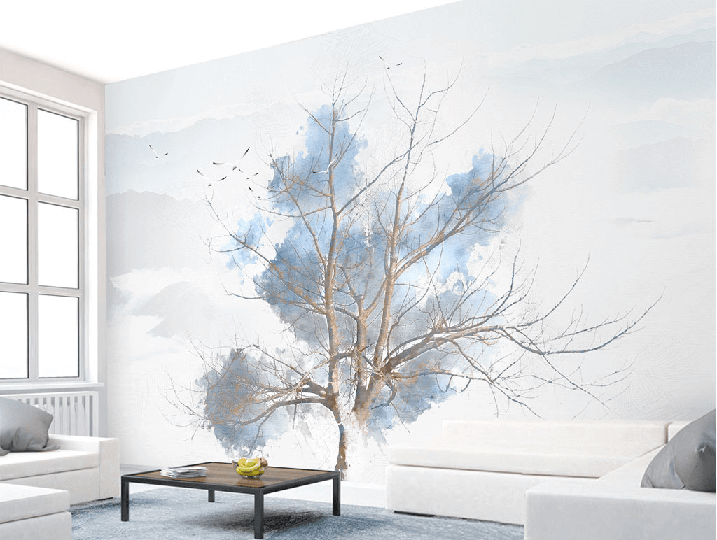 Blue Tree Sketch Wallpaper Murals-ChandeliersDecor.com