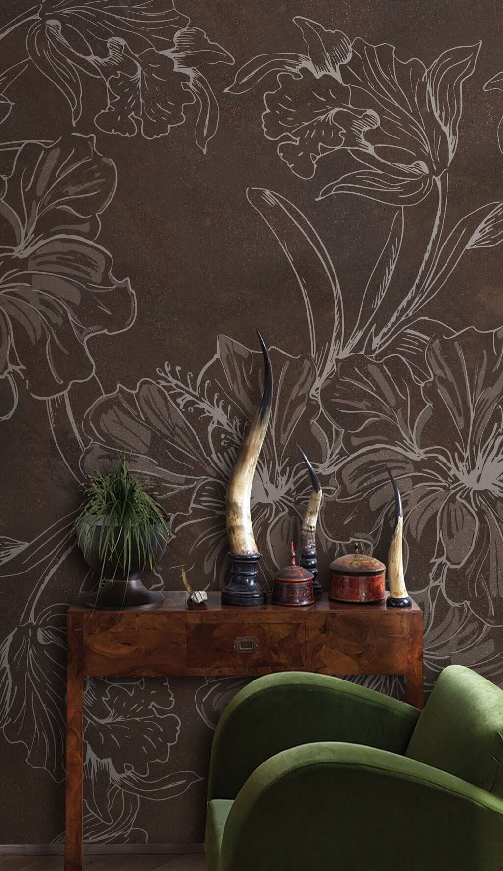 Brown Floral Sketch Wallpaper Mural-ChandeliersDecor.com