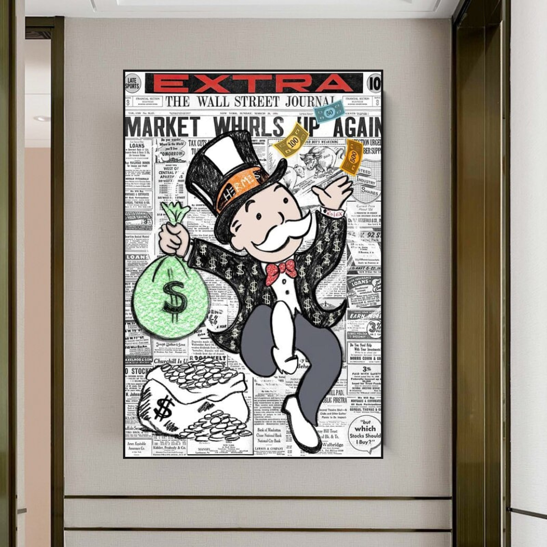 Alec Monopoly Money Bag Prints Newspaper Canvas Wall Art-ChandeliersDecor.com
