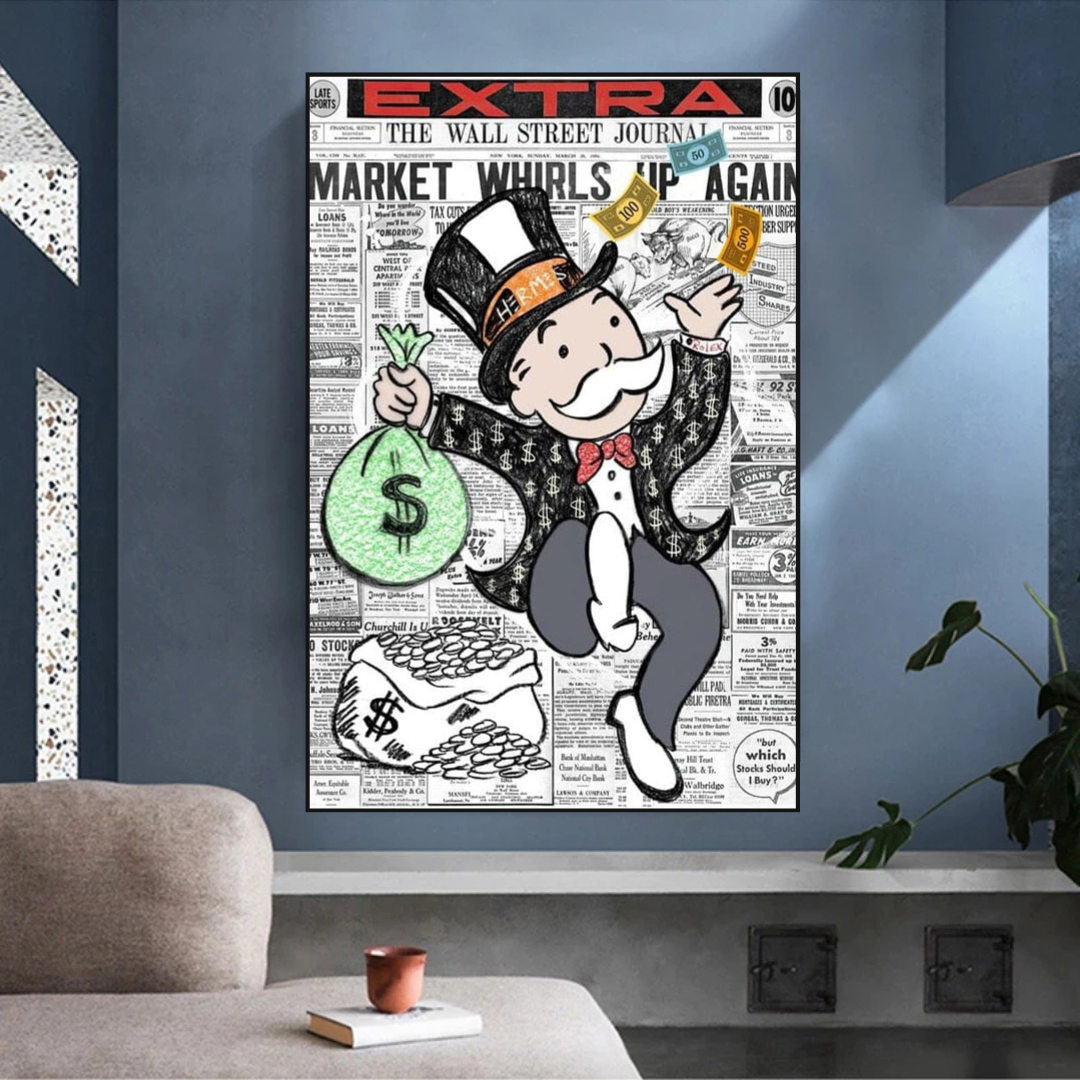 ChandeliersDecor.com-Monopoly Wall Poster-Alec Monopoly Money Bag Prints Newspaper Canvas Wall Art