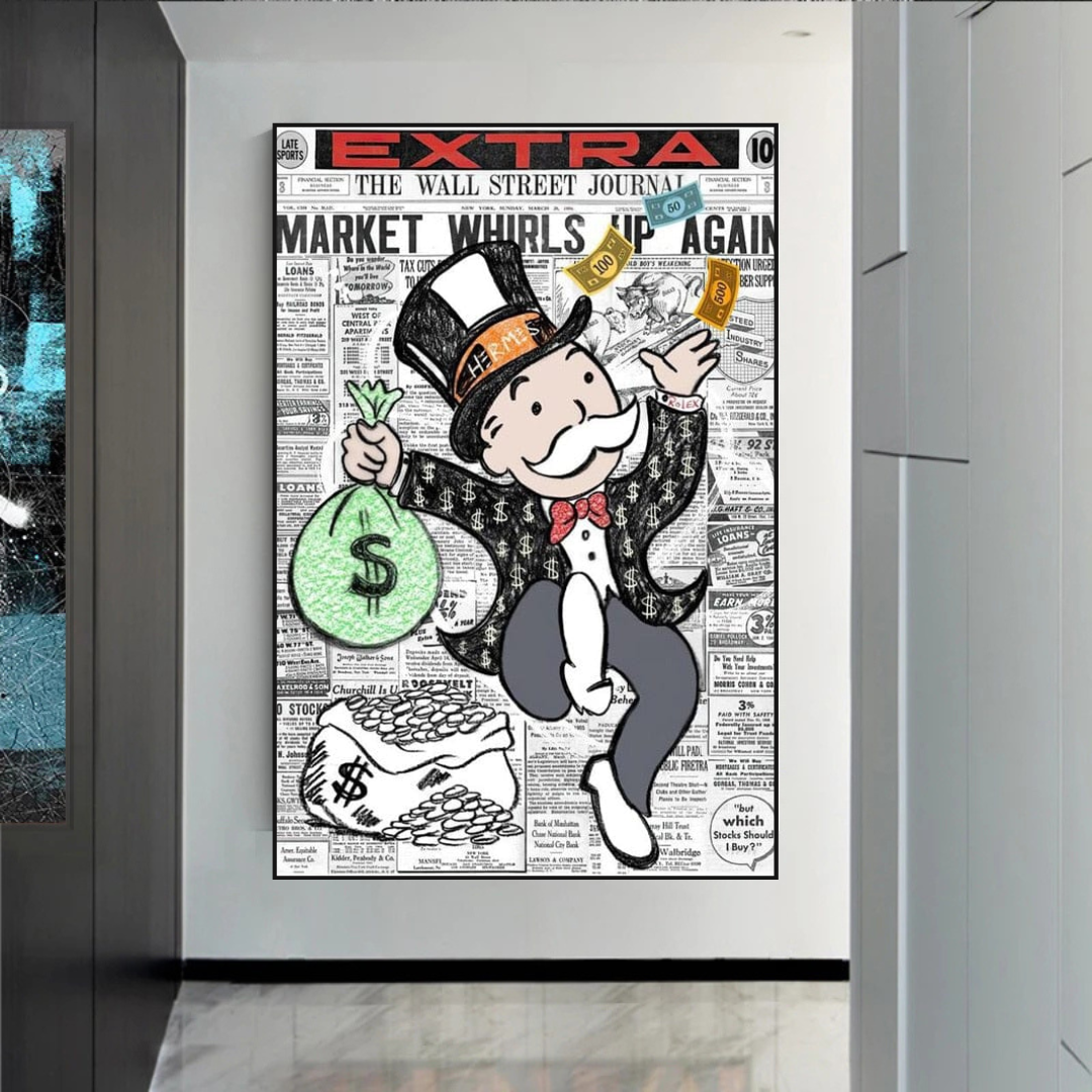 Alec Monopoly Money Bag Prints Newspaper Canvas Wall Art-ChandeliersDecor.com