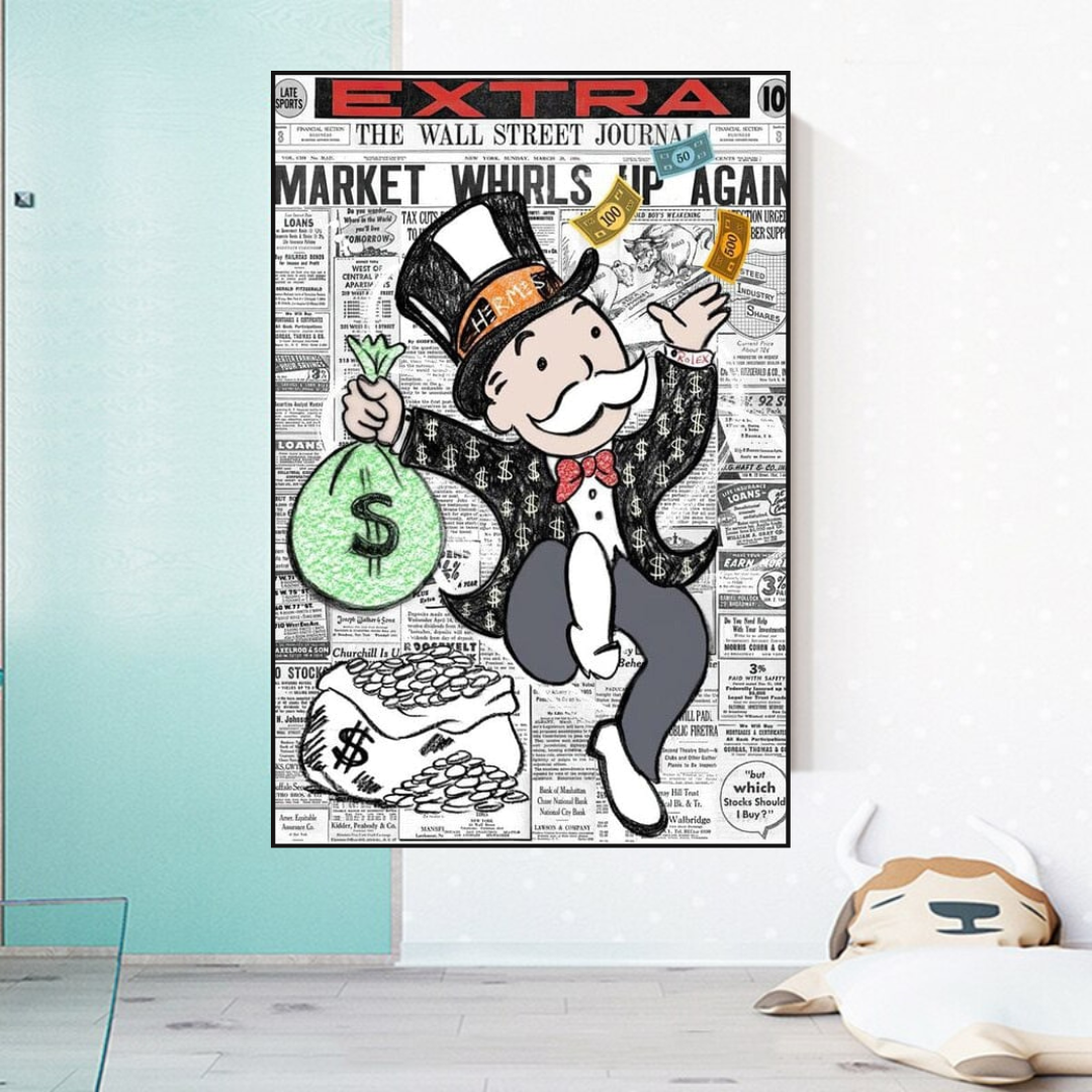 ChandeliersDecor.com-Monopoly Wall Poster-Alec Monopoly Money Bag Prints Newspaper Canvas Wall Art