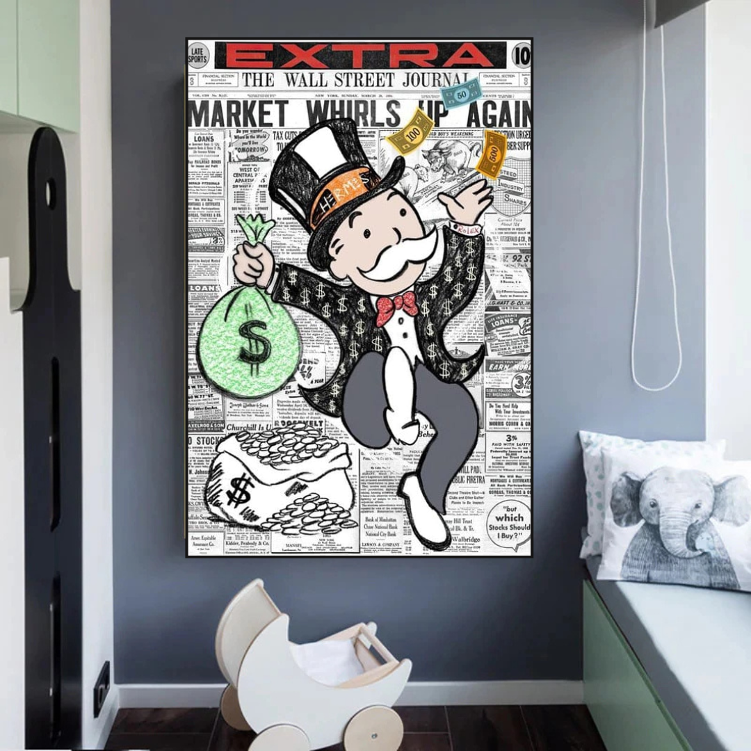 ChandeliersDecor.com-Monopoly Wall Poster-Alec Monopoly Money Bag Prints Newspaper Canvas Wall Art