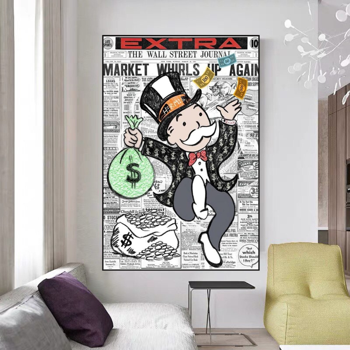 Alec Monopoly Money Bag Prints Newspaper Canvas Wall Art-ChandeliersDecor.com