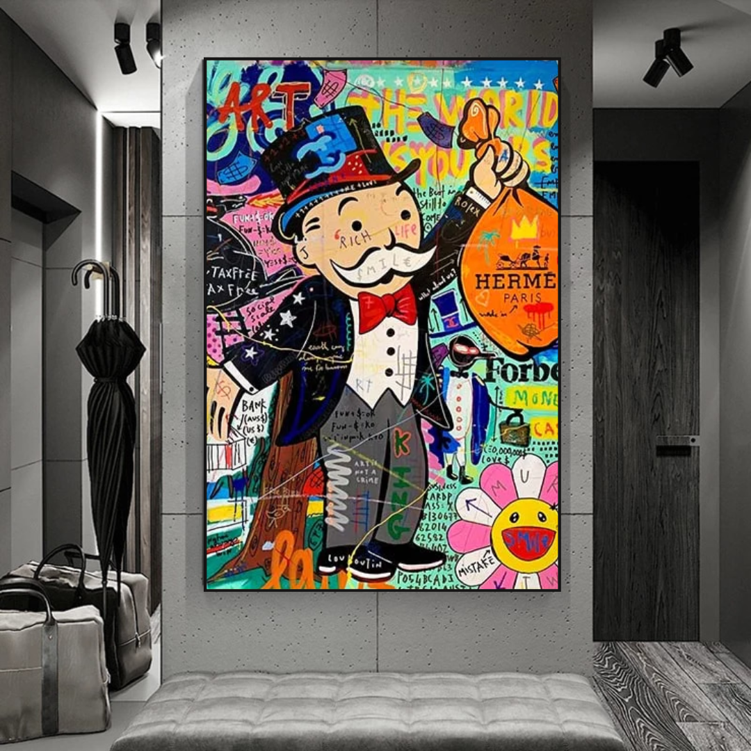 ChandeliersDecor.com-Monopoly Wall Poster-Alec Monopoly The World is Yours Money Bag Canvas Wall Art