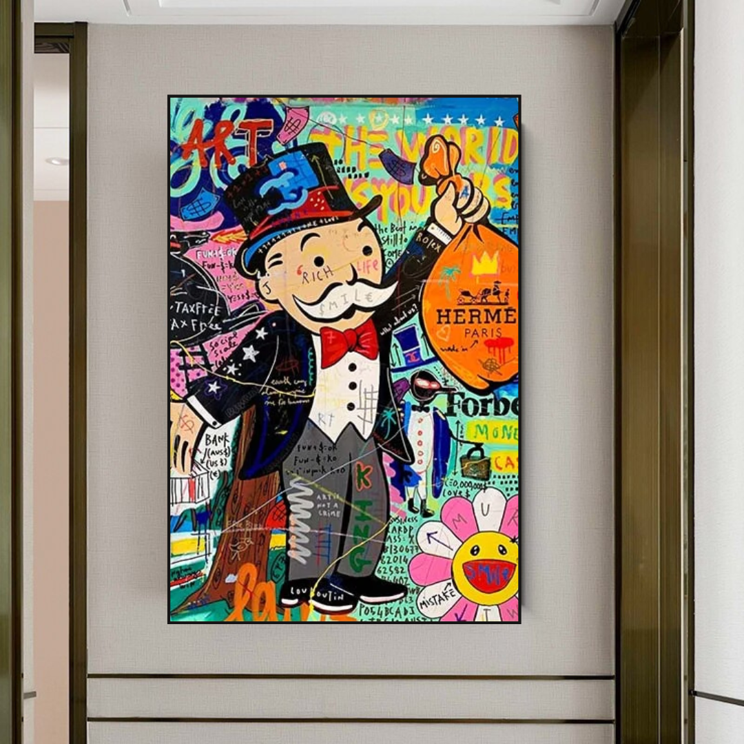 ChandeliersDecor.com-Monopoly Wall Poster-Alec Monopoly The World is Yours Money Bag Canvas Wall Art