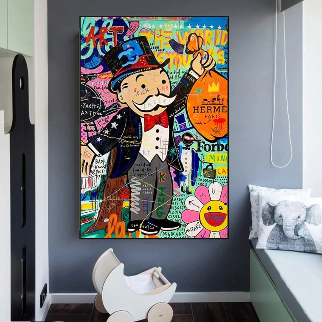 ChandeliersDecor.com-Monopoly Wall Poster-Alec Monopoly The World is Yours Money Bag Canvas Wall Art