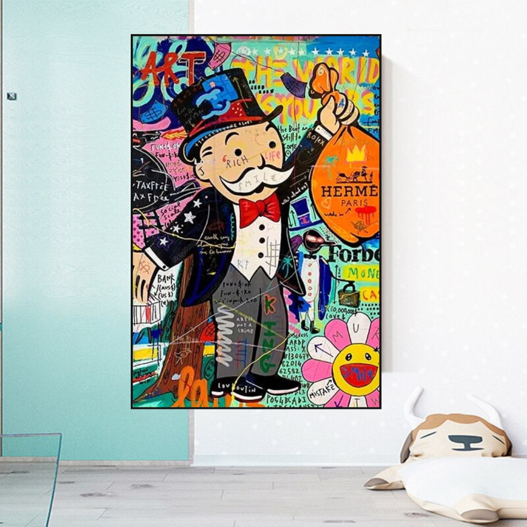 ChandeliersDecor.com-Monopoly Wall Poster-Alec Monopoly The World is Yours Money Bag Canvas Wall Art