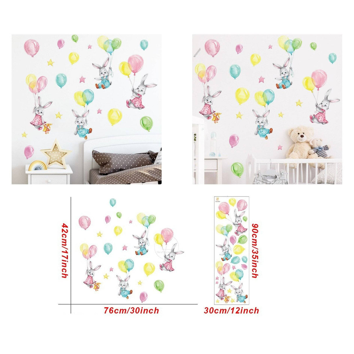 ChandeliersDecor.com-Home Decor Decals-Animal Balloon Wall Decals - Bunny Rabbit Nursery Art Set