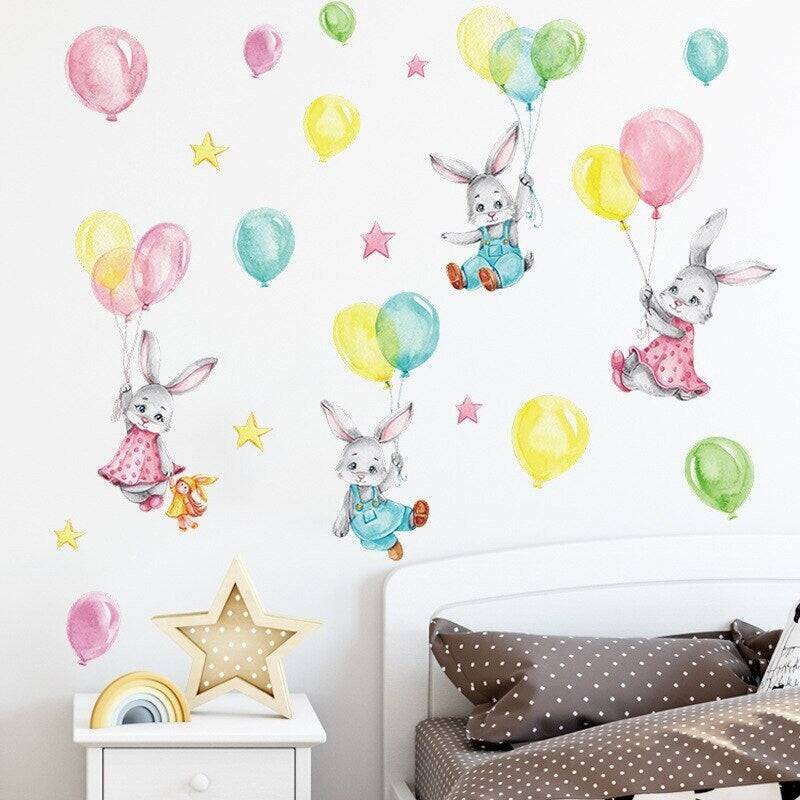 ChandeliersDecor.com-Home Decor Decals-Animal Balloon Wall Decals - Bunny Rabbit Nursery Art Set
