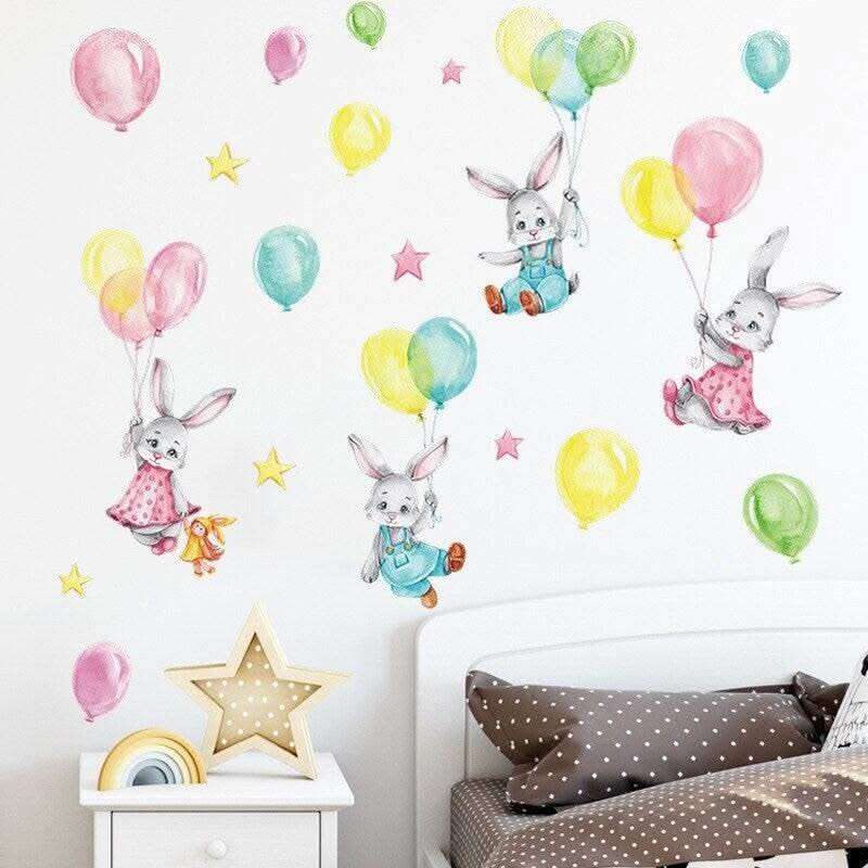 ChandeliersDecor.com-Home Decor Decals-Animal Balloon Wall Decals - Bunny Rabbit Nursery Art Set