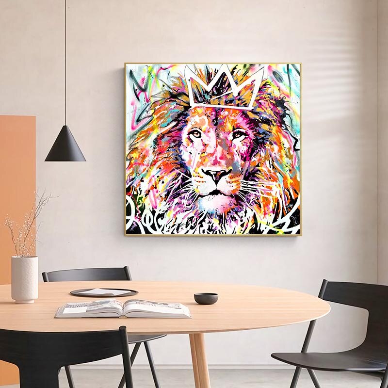 ChandeliersDecor.com-Wall Posters-Animals Graffiti Lion With Crown Canvas Wall Art