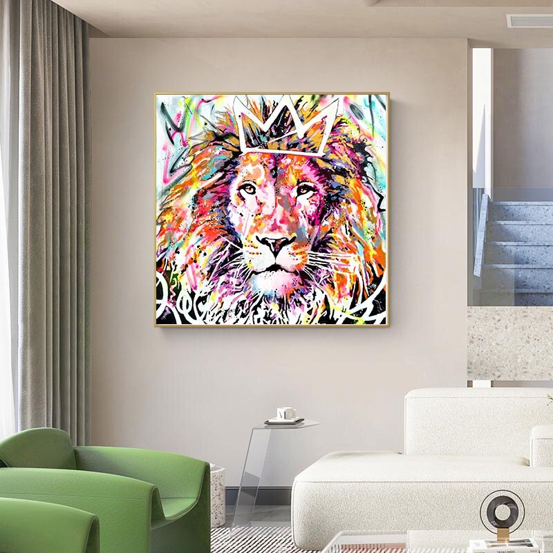 ChandeliersDecor.com-Wall Posters-Animals Graffiti Lion With Crown Canvas Wall Art