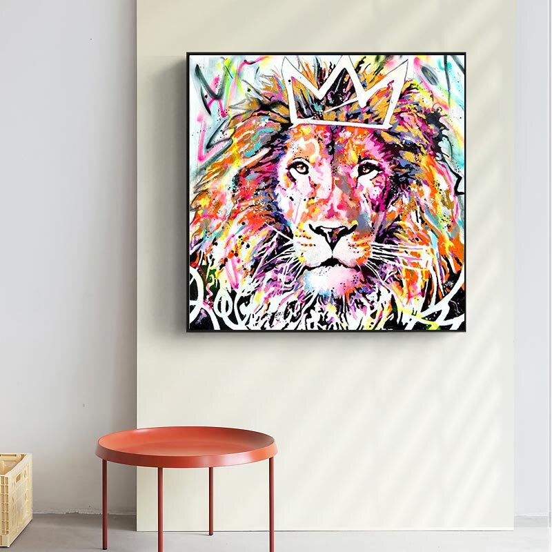 ChandeliersDecor.com-Wall Posters-Animals Graffiti Lion With Crown Canvas Wall Art