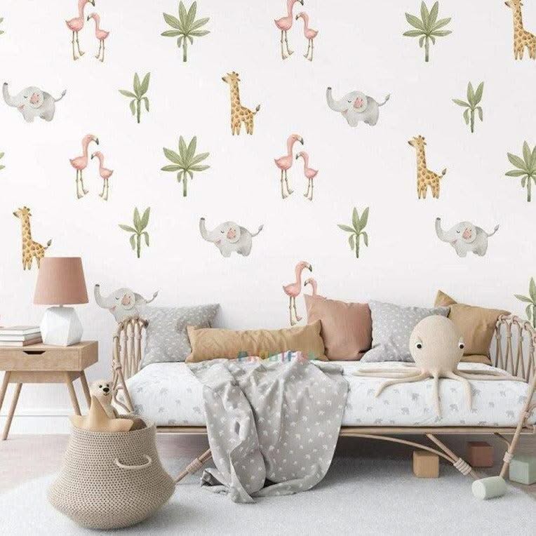 ChandeliersDecor.com-Home Decor Decals-Baby Animals Flamingo Elephant Giraffe Green Leaf Nursery Wall Stickers