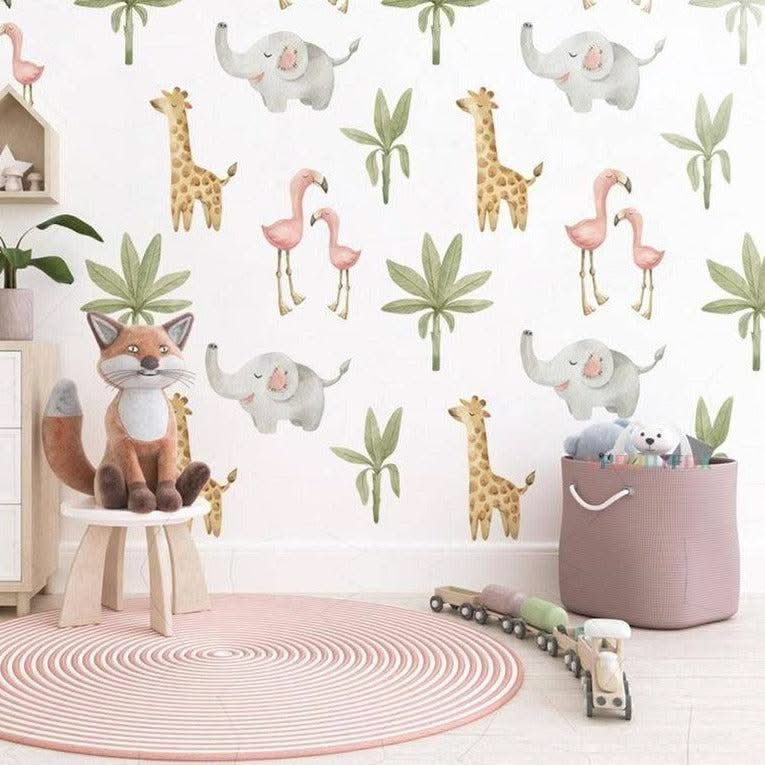 ChandeliersDecor.com-Home Decor Decals-Baby Animals Flamingo Elephant Giraffe Green Leaf Nursery Wall Stickers