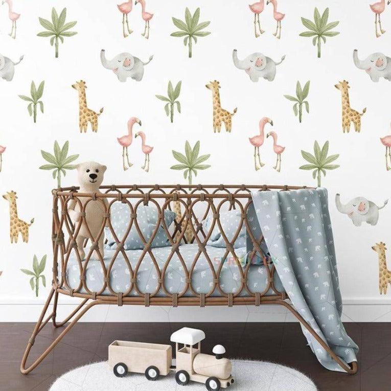 ChandeliersDecor.com-Home Decor Decals-Baby Animals Flamingo Elephant Giraffe Green Leaf Nursery Wall Stickers