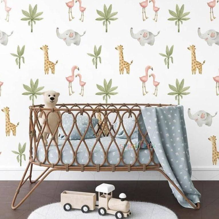 ChandeliersDecor.com-Home Decor Decals-Baby Animals Flamingo Elephant Giraffe Green Leaf Nursery Wall Stickers
