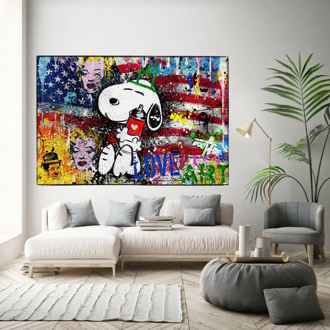 Banksy American: Snoopy Love Canvas Wall Art-ChandeliersDecor.com
