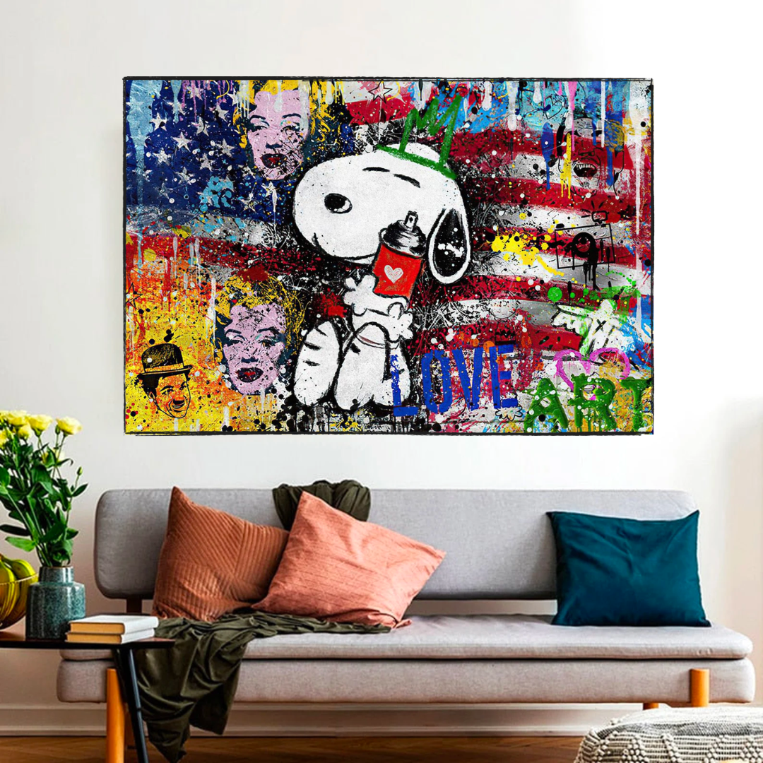 Banksy American: Snoopy Love Canvas Wall Art-ChandeliersDecor.com