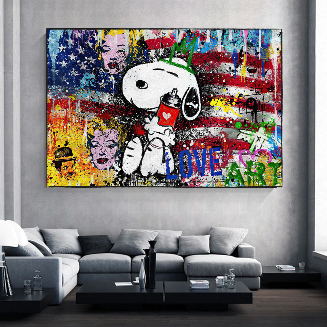 Banksy American: Snoopy Love Canvas Wall Art-ChandeliersDecor.com