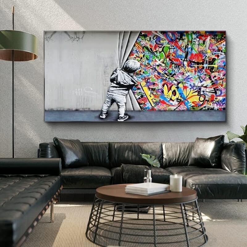 Banksy Boy Behind The Curtain Canvas Wall Art-ChandeliersDecor.com