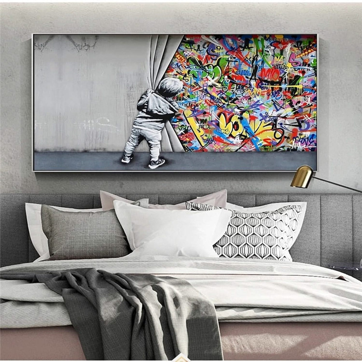 Banksy Boy Behind The Curtain Canvas Wall Art-ChandeliersDecor.com