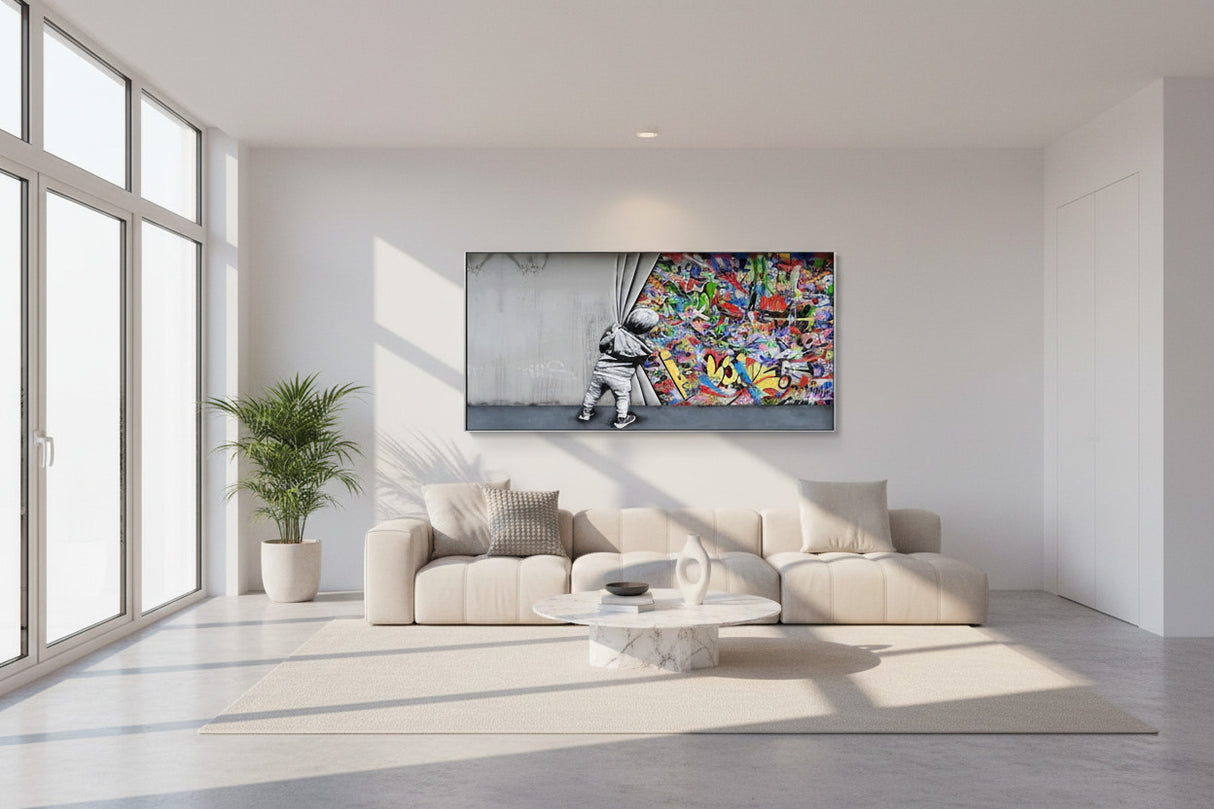 Banksy Boy Behind The Curtain Canvas Wall Art-ChandeliersDecor.com