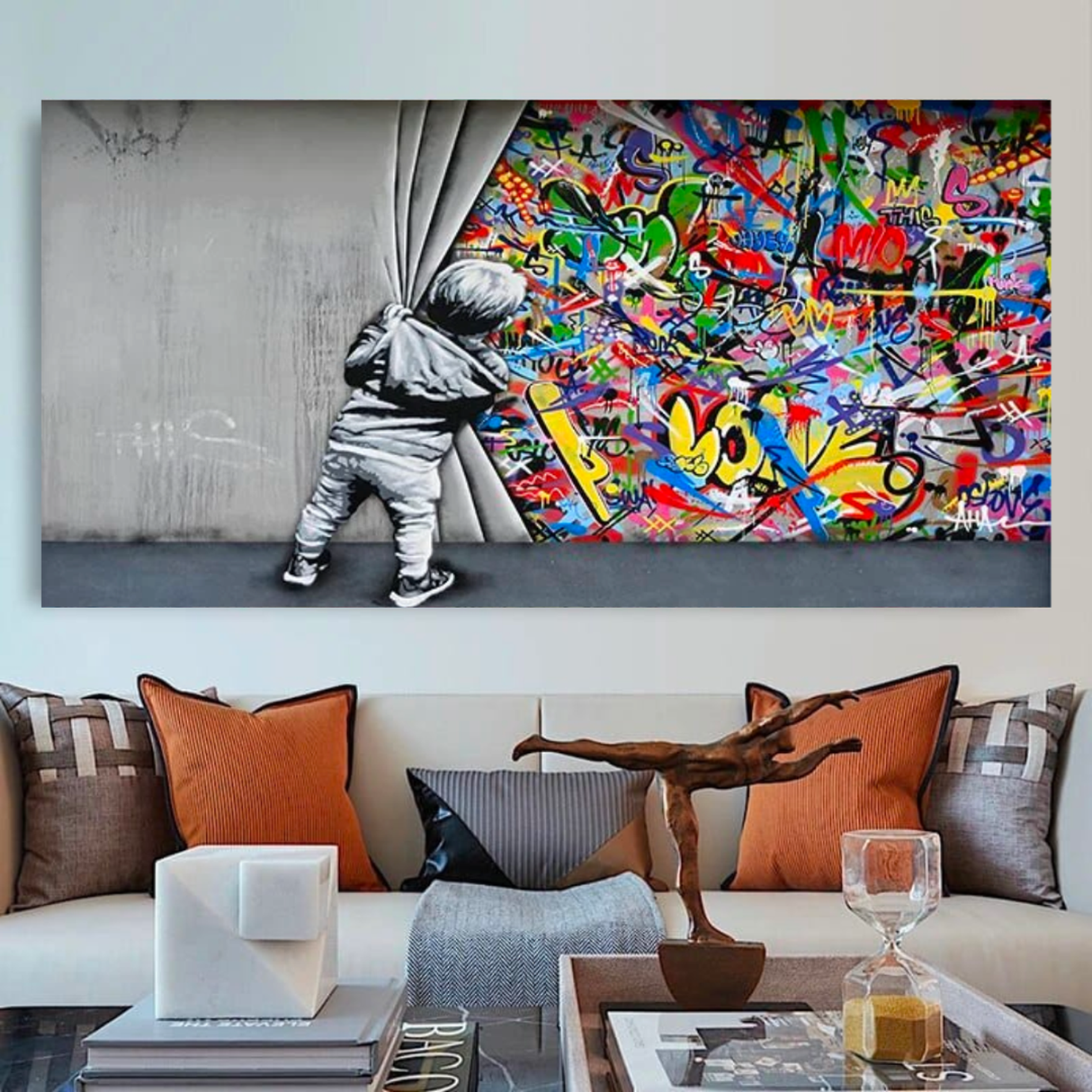 Banksy Boy pulling curtain Canvas Wall Art-ChandeliersDecor.com