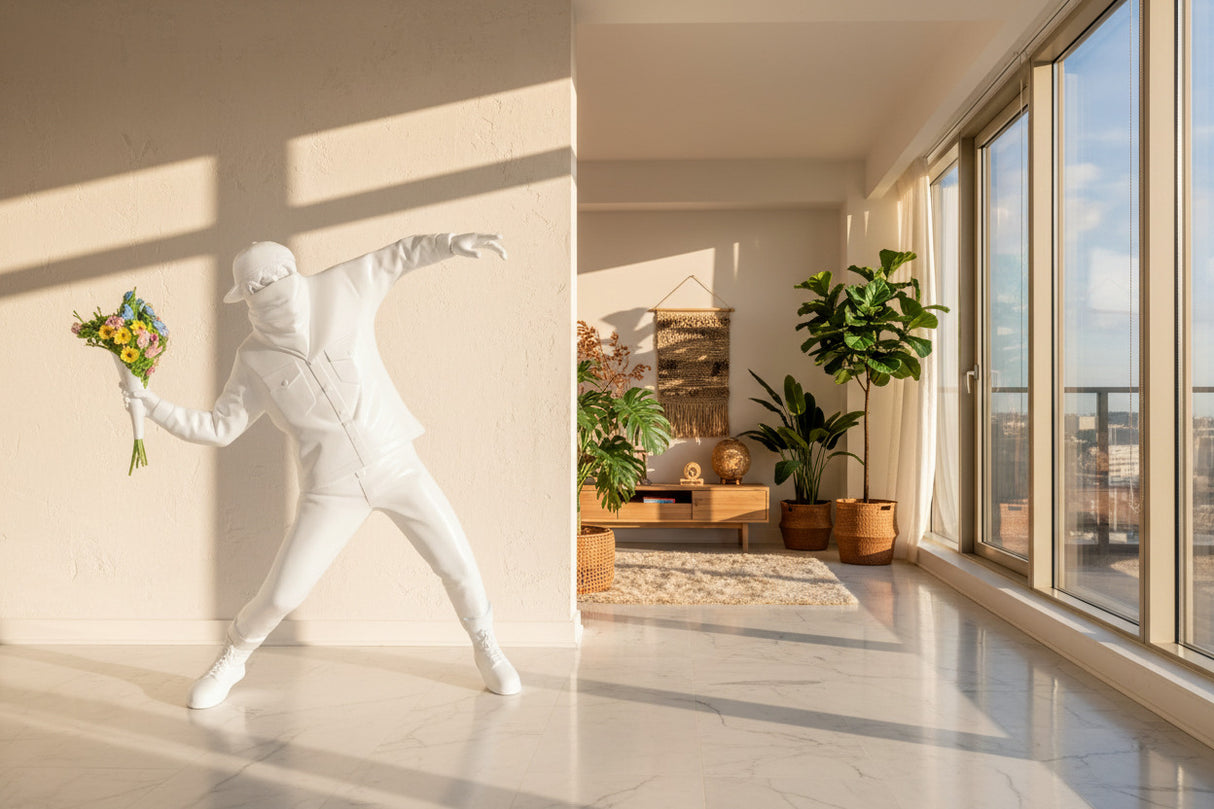 Banksy Flower Bomber Boy Statue Sculpture-ChandeliersDecor.com